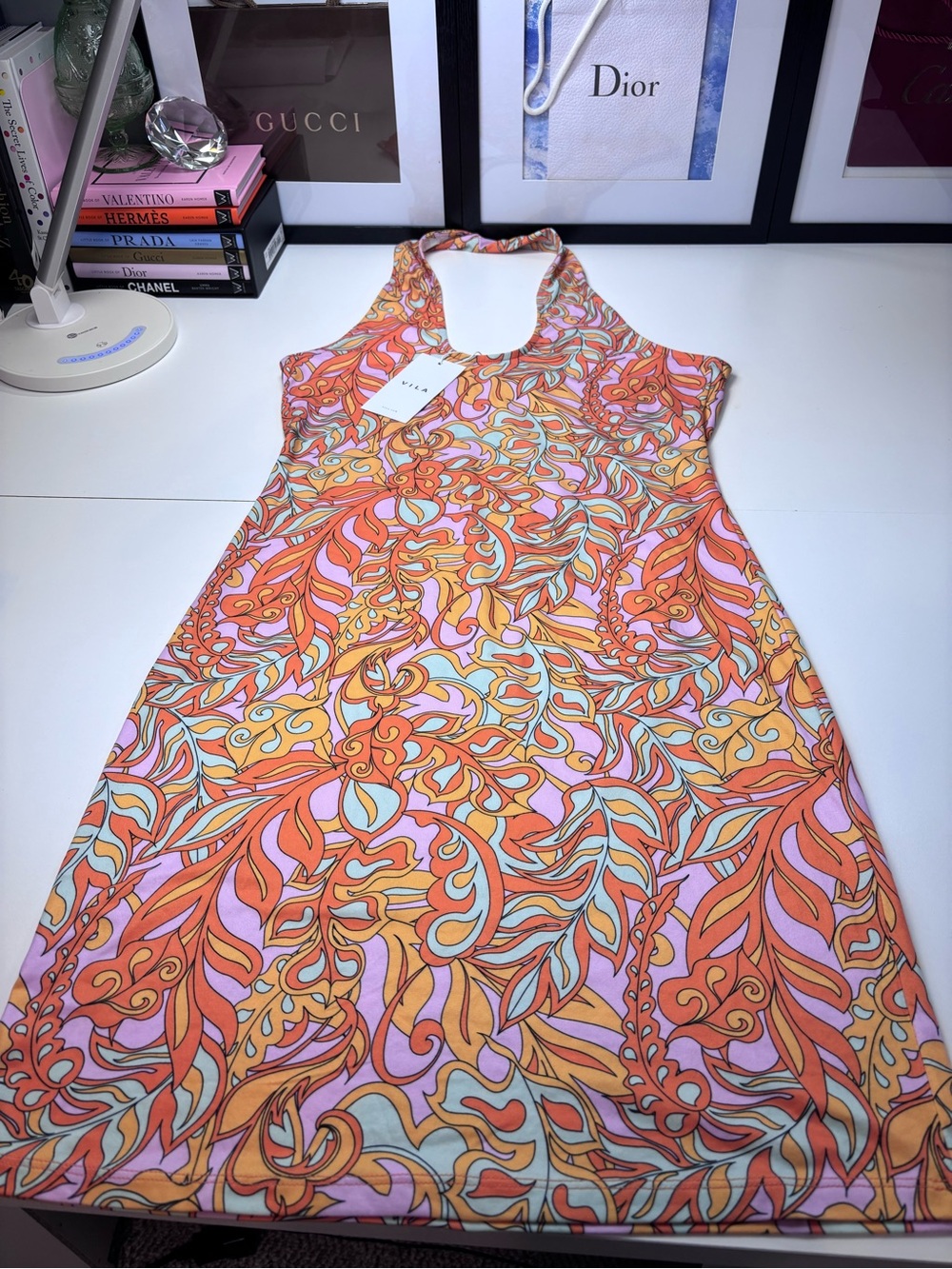 VILA Halter Midi Dress in Orange, Pink & Yellow Swirl Print NWT Size EU M